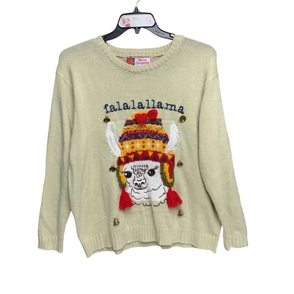 Merry Christmas llama sweater size XL beige/red and lots of jingle bells - Picture 1 of 5